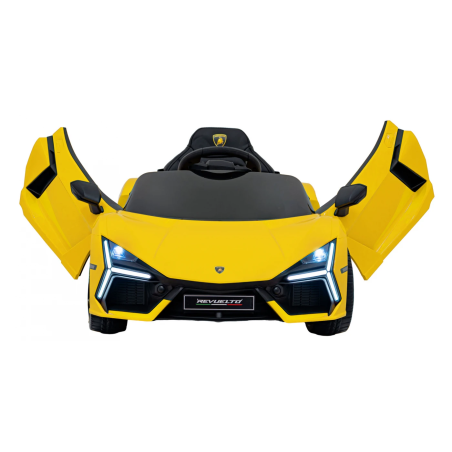 Masina Lamborghini Revuelto galben, 4 motoare, control pedala si telecomanda, panou audio, faruri LED, sarcina 25 kg