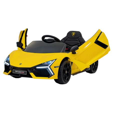 Masina Lamborghini Revuelto galben, 4 motoare, control pedala si telecomanda, panou audio, faruri LED, sarcina 25 kg
