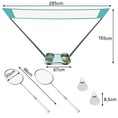 Set de badminton 4 in 1, pliabil, 2 rachete din aluminiu, valiza transport, 285x155 cm, paleta 66x20 cm