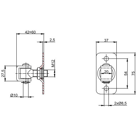 Balama reglabila cu placa de fixare pentru porti batante, M12, 4 orificii de montare, 75x37 mm