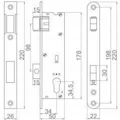 Broasca cu bila, incastrata, pentru usa PVC, galvanizata, 22x50x220 mm