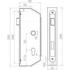 Carcasa incastrabila cu broasca pentru usa metalica pentru profil 40x80 mm, incuietoare galvanizata, zavor reversibil