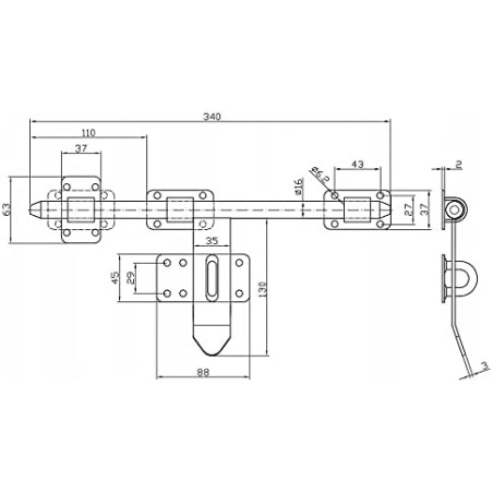 Zavor pentru porti mici si usi, blocare cu lacat, 240x16 mm, inchidere reglabila, otel nevopsit