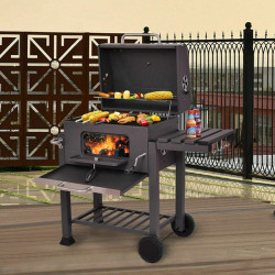 Gratar cu carbuni Maltec GrillMaster Probend, sort inclus, maner capac, capac rabatabil, suport roti, 37,5 cm, otel, negru