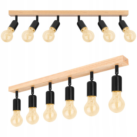 Lampa suspendata LED E27, 6 becuri mobile, putere 50W, alimentare la retea, otel si lemn