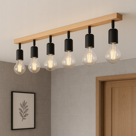 Lampa suspendata LED E27, 6 becuri mobile, putere 50W, alimentare la retea, otel si lemn