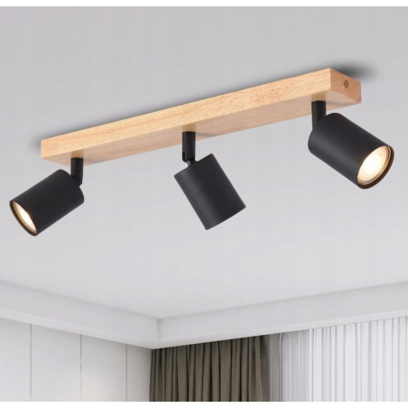 Aplica de tavan stil industrial, 3 spoturi LED GU10 reglabile, putere maxima bec 35W, otel si lemn