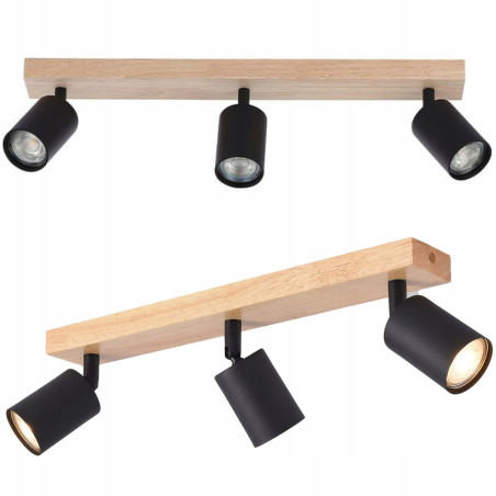 Aplica de tavan stil industrial, 3 spoturi LED GU10 reglabile, putere maxima bec 35W, otel si lemn