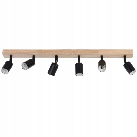 Aplica de tavan 6 LED GU10 reglabile, stil industrial, lemn si otel, IP20, 800x60x155 mm