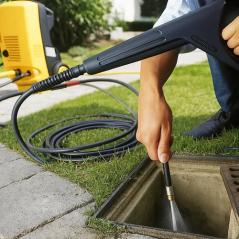 Furtun pentru curatare cu presiune, lungime 15 metri, 4 adaptoare, 138 bar, temperatura apa maxim 60 grade Celsius