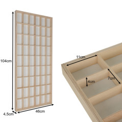 Raft din lemn pentru papusi de 10 cm, 54 compartimente, pandantive cu suruburi, 104x46x4.5 cm, bej
