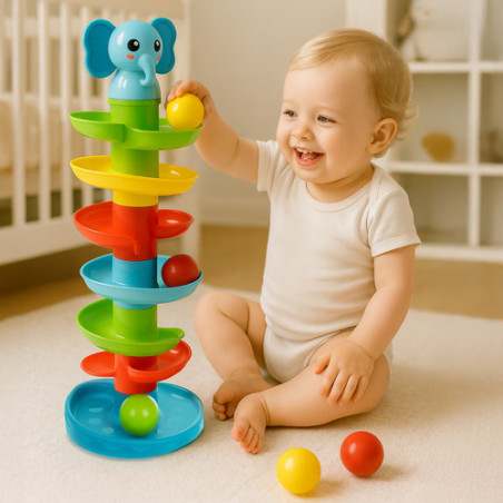 Pista cu bile pentru bebelusi, tobogan spiralat multicolor, inaltime 48 cm, 6 bile