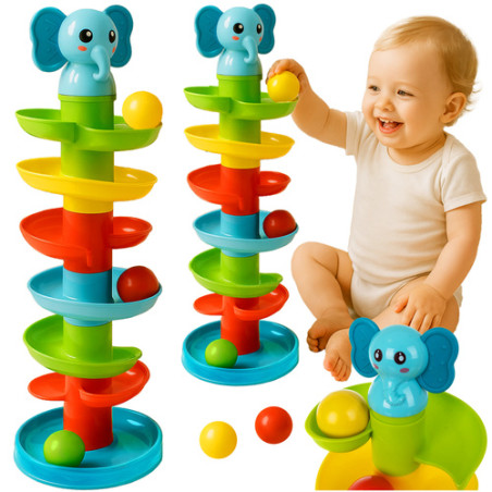 Pista cu bile pentru bebelusi, tobogan spiralat multicolor, inaltime 48 cm, 6 bile