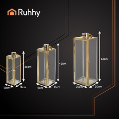 Set 3 felinare din sticla, pentru lumanari si decoratiuni, diferite dimensiuni, cadru auriu