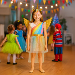 Costum unicorn 3 piese, pentru fete, 130-140 cm, rochita, bentita cu corn, aripi, multicolor