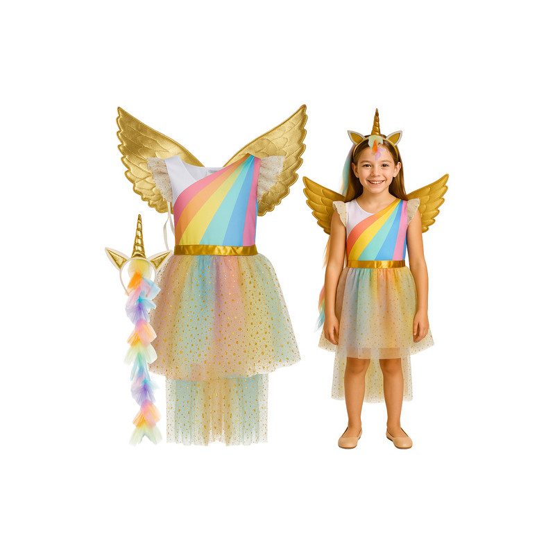 Costum unicorn 3 piese, pentru fete, 130-140 cm, rochita, bentita cu corn, aripi, multicolor