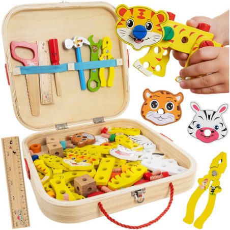 Trusa de scule pentru copii, constructie animale, kit unelte, lemn multicolor, cutie 31x32x 6 cm