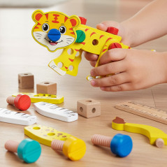 Trusa de scule pentru copii, constructie animale, kit unelte, lemn multicolor, cutie 31x32x 6 cm