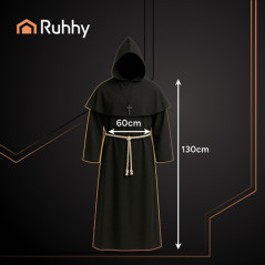 Costum de calugar/preot, pentru Halloween, tunica, gluga, snur, marimea L, negru