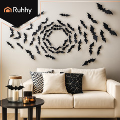 Set 56 stickere 3D liliac, decoratiuni de perete pentru Halloween, 4 dimensiuni, PVC negru