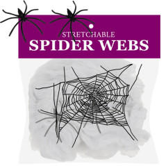Decoratiune Halloween, panza de paianjen artificiala, 2 paianjeni, PVC, alb si negru