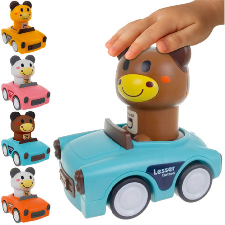 Jucarie senzoriala, set 4 masinute cu animale, mecanism pull-back, varsta 18 luni+