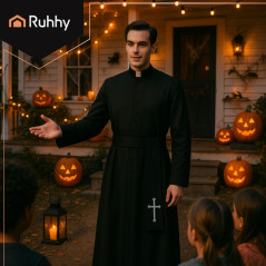 Costum de preot pentru Halloween/carnaval, XL/XXL, lungime sutana 147 cm, negru