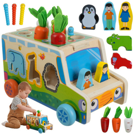 Jucarie educativa Montessori, sortator din lemn, prinderea viermelui, figurine cu magneti, multicolor