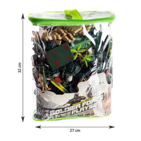 Set baza militara pentru copii, 300 piese, soldati, figurine militare, tanc militar, arme, husa cu maner