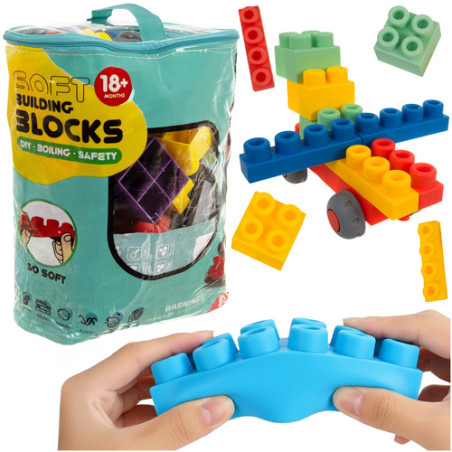 Set 80 blocuri de constructii din cauciuc, senzoriale, husa de depozitare cu maner, multicolor