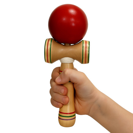 Joc Kendama, din lemn, bila rosie, 20 x 7 x 6 cm