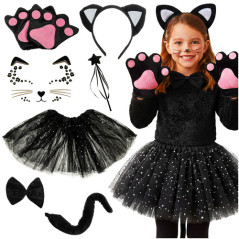 Costum pisicuta, set 7 piese, fusta si accesorii, universal fetite 3-10 ani