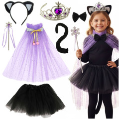 Costum pisica, 7 elemente, fusta, pelerina, coronita, accesorii, universal, varsta 3-10 ani