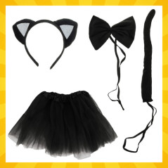 Costum de pisica neagra, fete 3-10 ani, fusta tul, codita, bentita cu urechi, funda