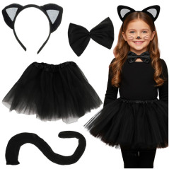 Costum de pisica neagra, fete 3-10 ani, fusta tul, codita, bentita cu urechi, funda