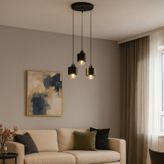 Lustra LED 3 pendule, socluri E27, putere maxima 35W, baza 29 cm, cablu 1 m, negru