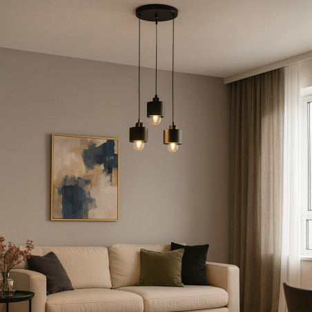 Lustra LED 3 pendule, socluri E27, putere maxima 35W, baza 29 cm, cablu 1 m, negru