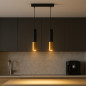 Lustra cu 2 pendule, pentru living/bucatarie, baza 22x4x2,5 cm, lungime cablu 70cm, 35W, negru/auriu Lustra cu 2 pendule, pentru living/bucatarie, baza 22x4x2,5 cm, lungime cablu 70cm, 35W, negru/auriu