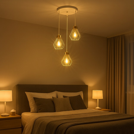 Lustra suspendata, Otto, 3 pendule E27, alb-auriu, diametru baza 29 cm, lungime cablu 1m, otel