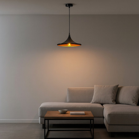 Lustra LED suspendata pentru living, 35W, E27, abajur 360 x 170 mm, cadru aluminiu, neagra