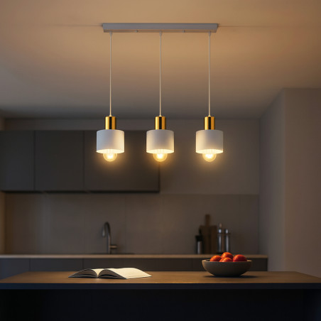 Lustra suspendata cu pendule, 3 becuri LED E27, baza 500 mm, alb auriu