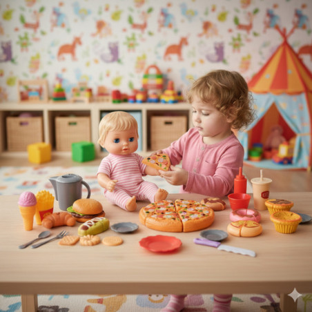 Set jucarii Fast food, pizza hot dog, hamburger, cu velcro, accesorii, 42 elemente, multicolor