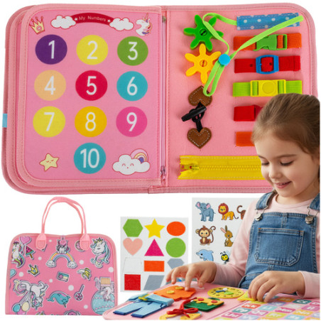 Carte senzoriala 7 in 1, diverse elemente educative, tematica unicorn, fetru multicolor