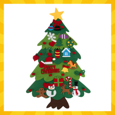 Brad de Craciun din fetru, iluminare LED, 26 elemente decorative, prindere velcro, multicolor