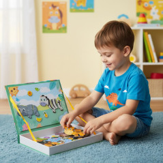 Puzzle magnetic educativ, animale africane, 6 cartonase, 47 elemente, multicolor