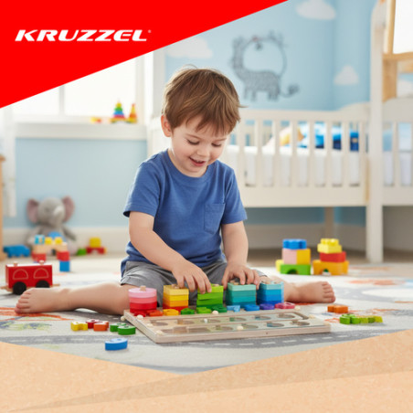 Sortator din lemn, puzzle 3 in 1, labirint magnetic cu bile, figurine si numere, tabla activitati 30x22.5 cm