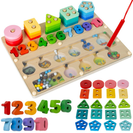 Sortator din lemn, puzzle 3 in 1, labirint magnetic cu bile, figurine si numere, tabla activitati 30x22.5 cm