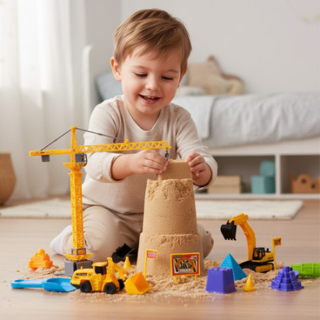 Set de constructii XXL, nisip kinetic 750 g, 3 vehicule, 3 spatule, cutie tip valiza