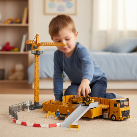 Camion de constructii cu macara mobila, multiple accesorii, 2 figurine, multicolor