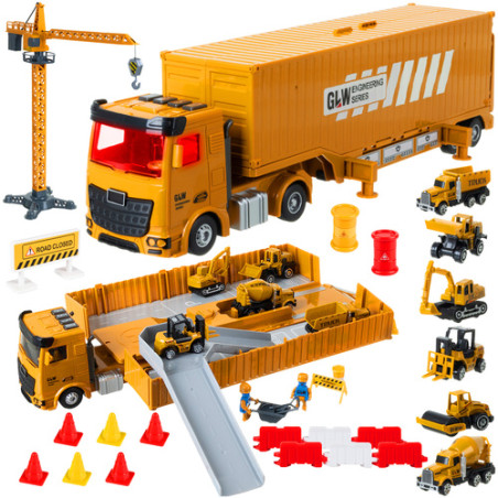 Camion de constructii cu macara mobila, multiple accesorii, 2 figurine, multicolor